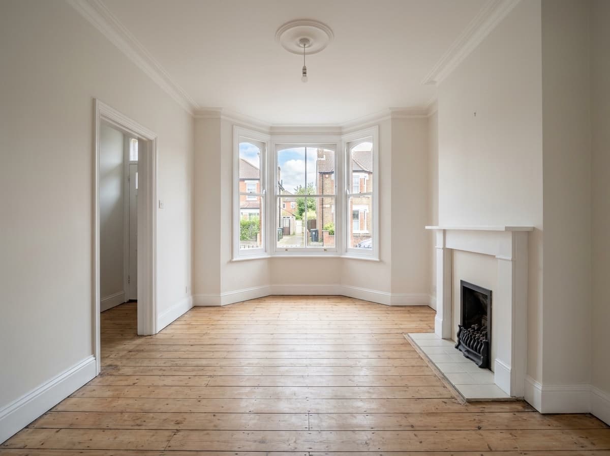 Cleared empty living room of a UK house after a full house clearance, clean bare floorboards and daylight through the window