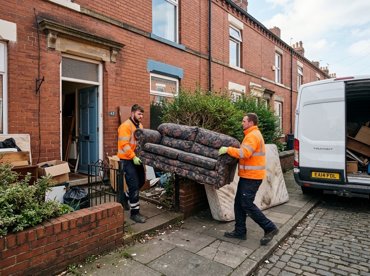 Two workers in hi-vis carrying an old sofa and mattress out of a UK terraced house to a waste removal van during a house clearance