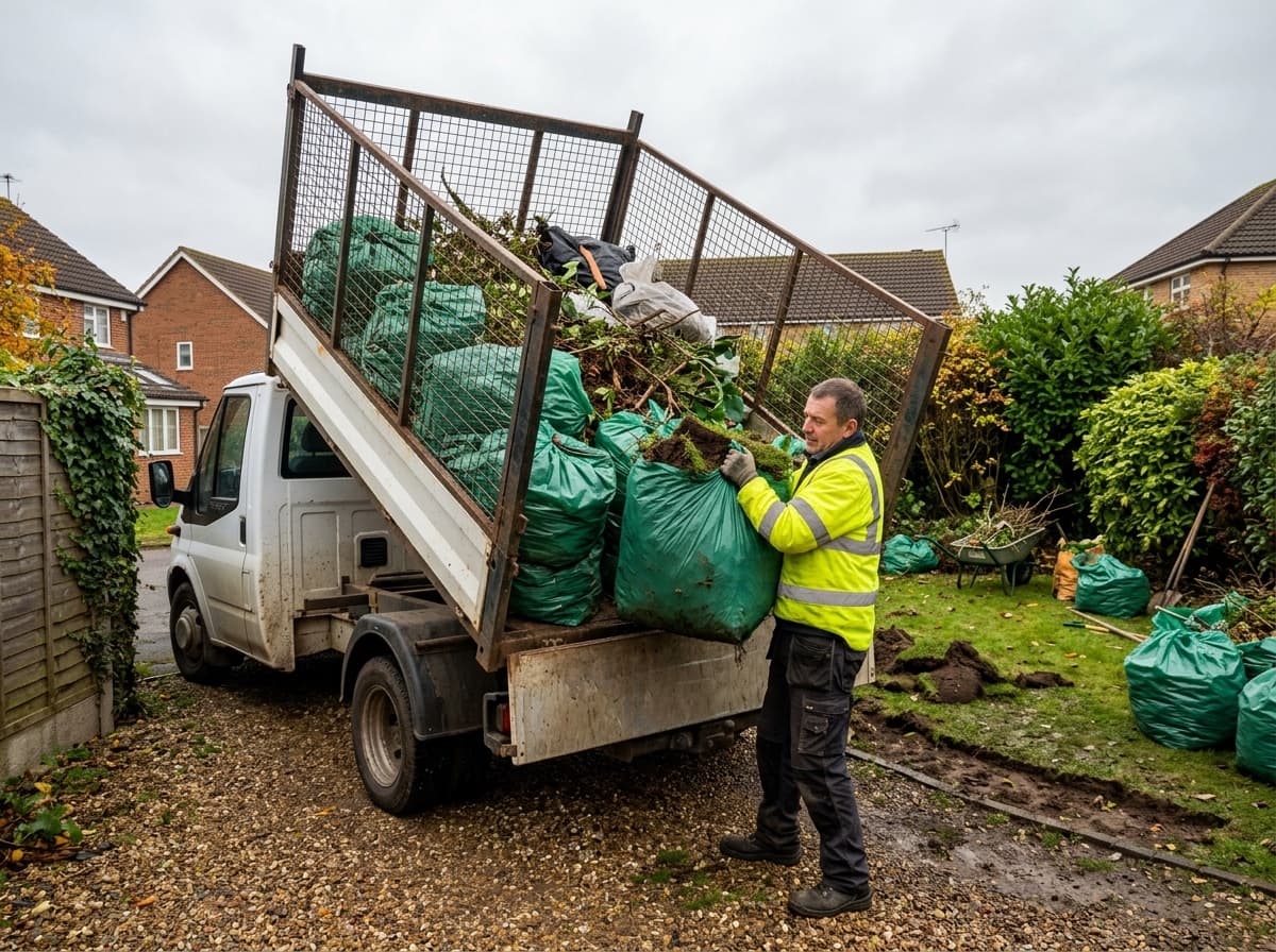 Garden waste clearance with hedge trimmings, branches and turf bagged and loaded into a tipper van in a British back garden