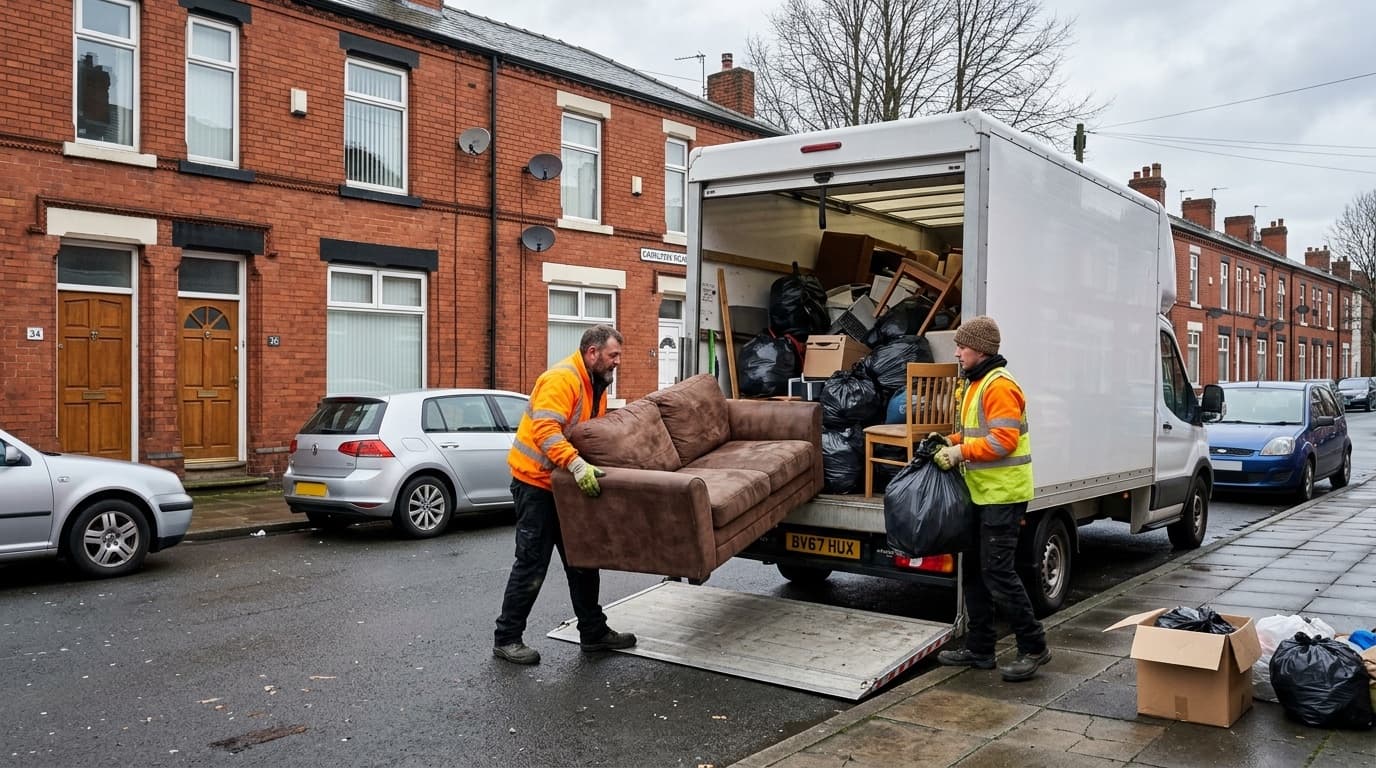 Professional waste removal team loading a Luton box van with household furniture and bagged rubbish outside a UK red-brick terraced house in Greater Manchester