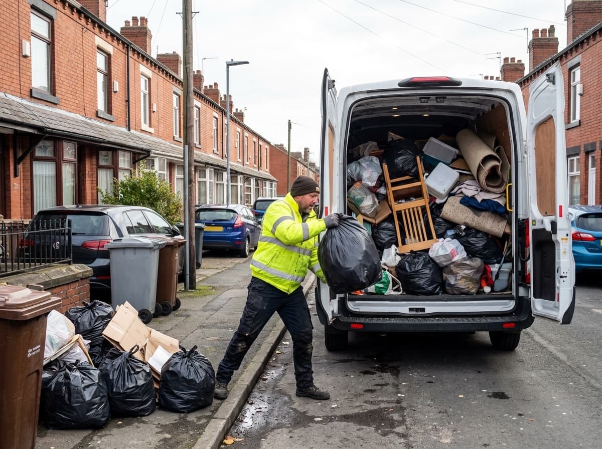 Household clearance in progress — furniture and bagged waste being removed from a UK property by a waste removal team