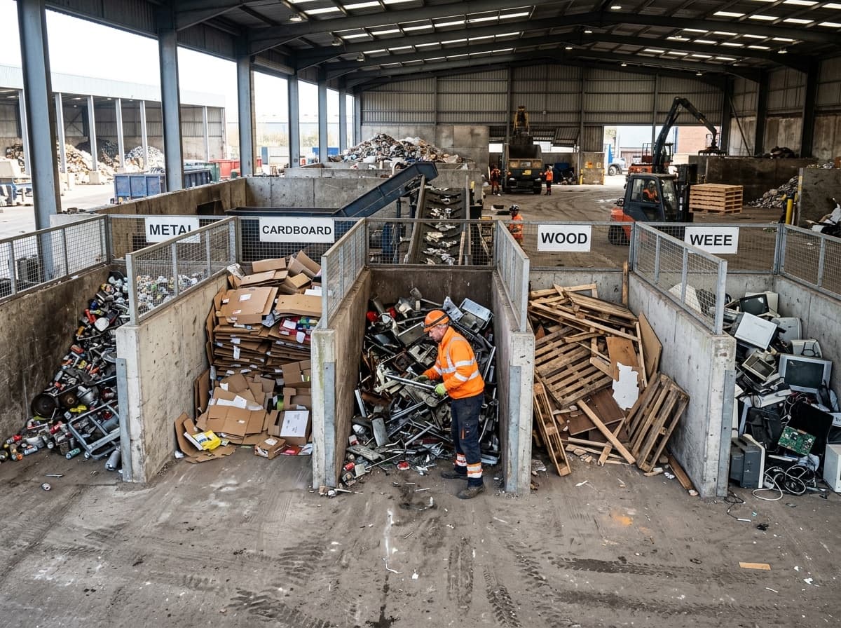 Sorted recycling at a waste depot with separated metal, cardboard, wood and WEEE electrical items in labelled bays for responsible disposal