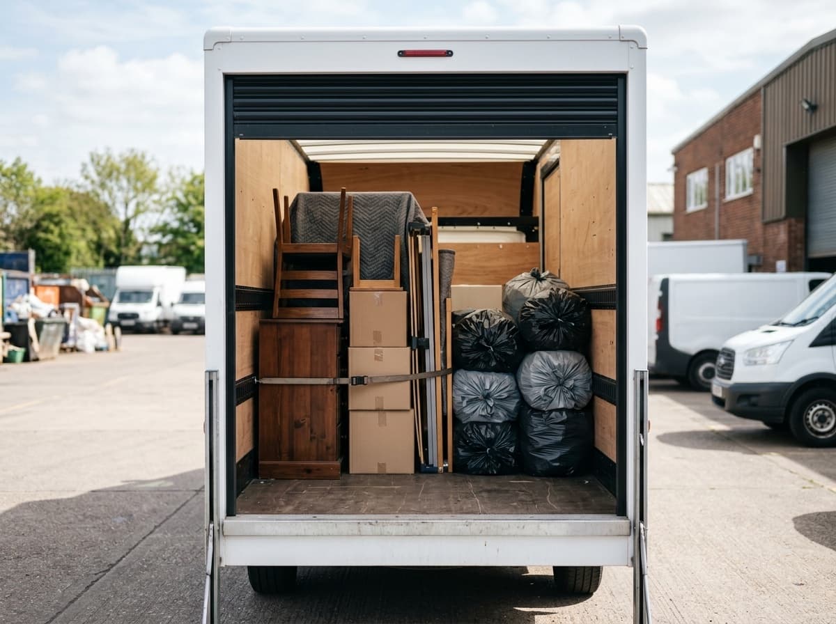 Clean organised Luton waste removal van interior part-loaded with neatly stacked furniture and bagged waste, doors open in daylight